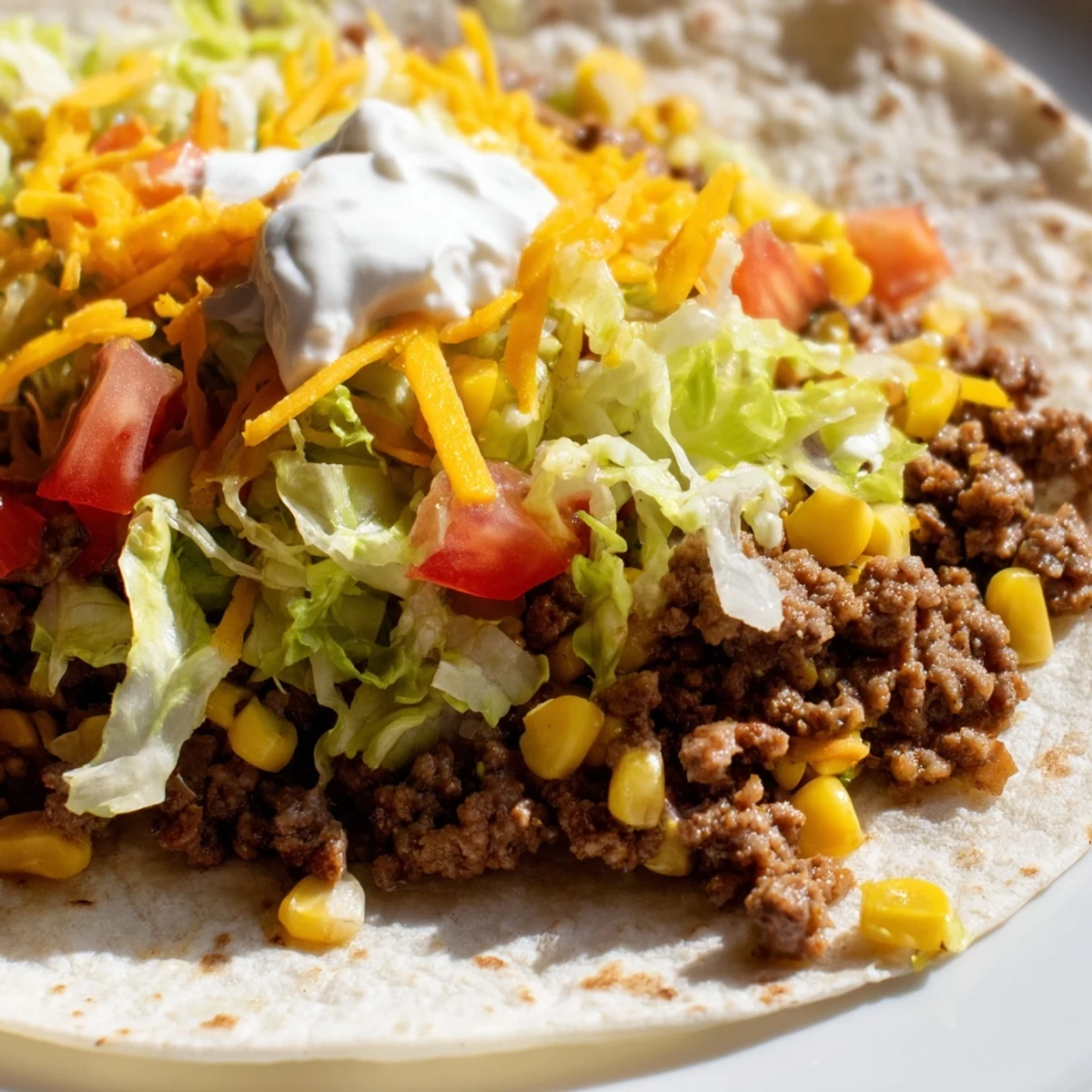 Freshly grilled beef tacos topped with vibrant corn salsa, shredded lettuce, and melted cheddar cheese on warm tortillas.