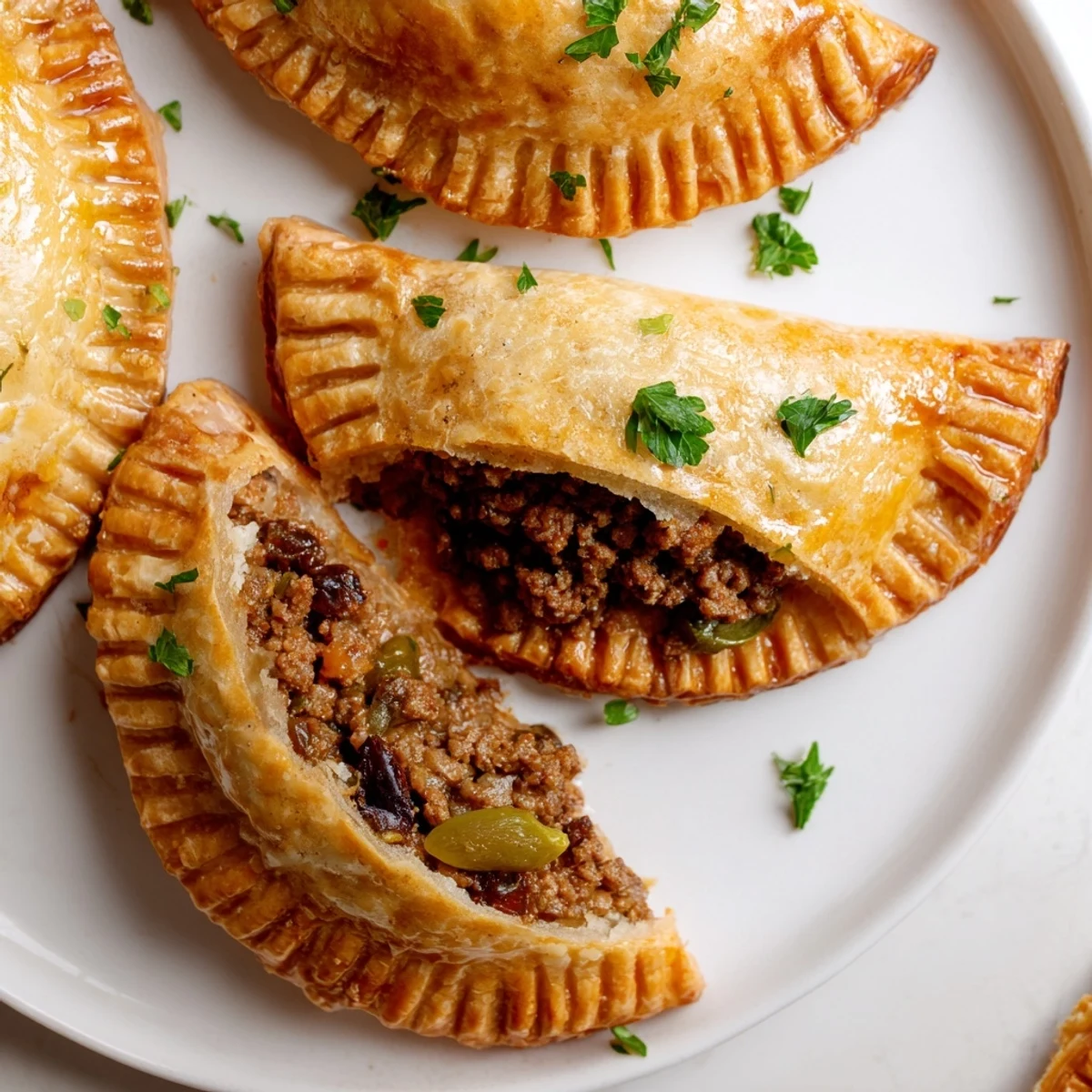 Golden-baked Spiced Beef Empanadas with Raisins, showcasing flaky pastry and a savory filling on a plate.