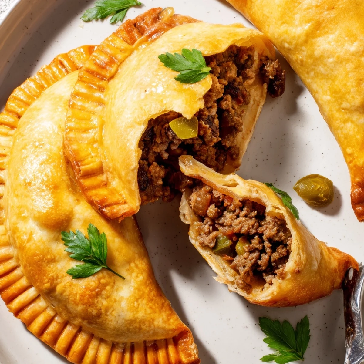 Golden Spiced Beef Empanadas with Raisins, sliced to reveal the aromatic beef and sweet fruit filling.