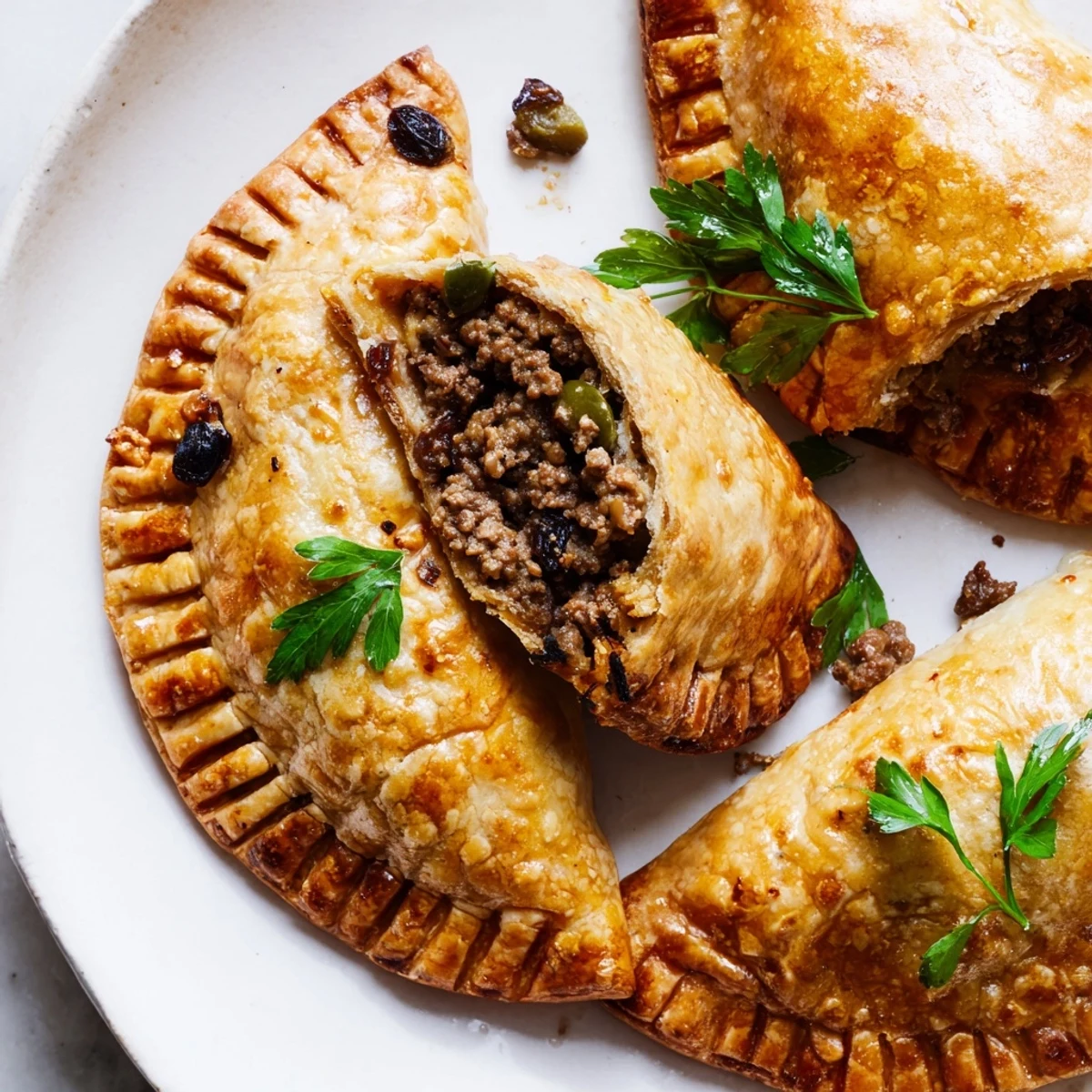 Freshly baked Spiced Beef Empanadas with Raisins, served warm and ready for a savory dipping sauce.