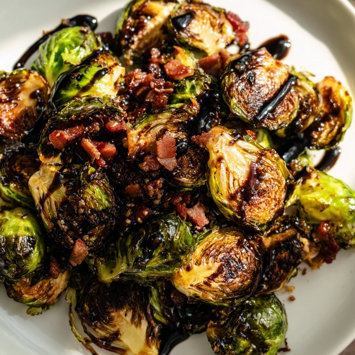Golden-brown Brussels sprouts roasted with chopped beef bacon, highlighting crispy edges and rich caramelization
