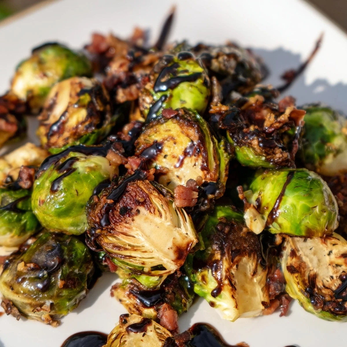 Perfectly roasted Brussels sprouts topped with crispy beef bacon, ideal for a gluten-free American side dish