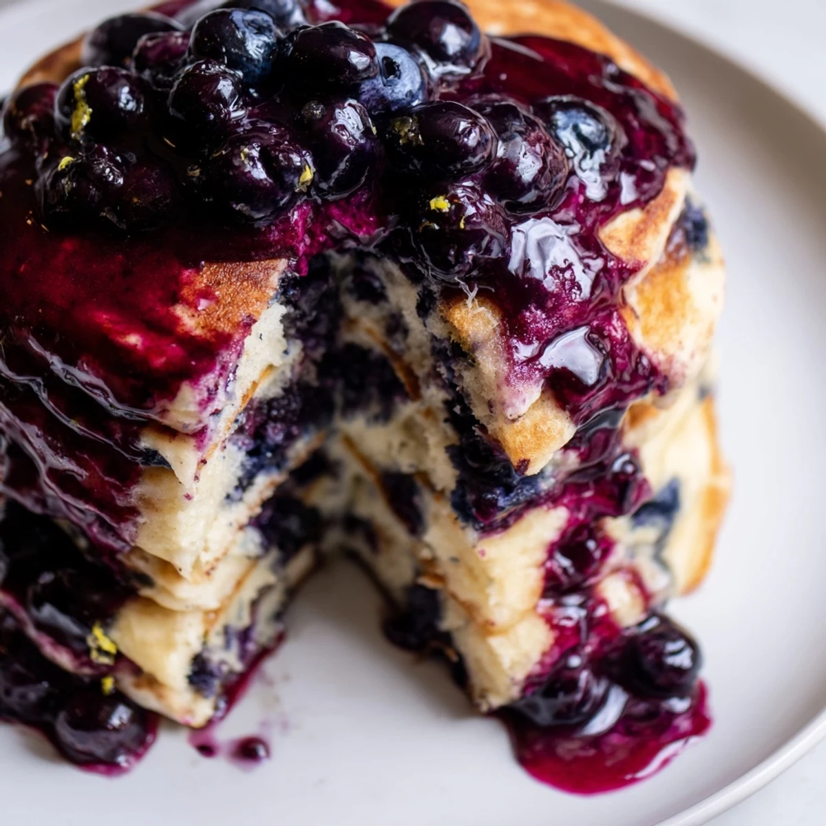 A close-up of fluffy Lemon Blueberry Pancakes topped with luscious blueberry sauce and a lemon zest garnish.