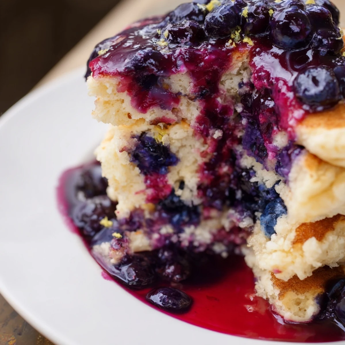 Freshly cooked Lemon Blueberry Pancakes served with a side of sweet blueberry sauce for a classic breakfast.