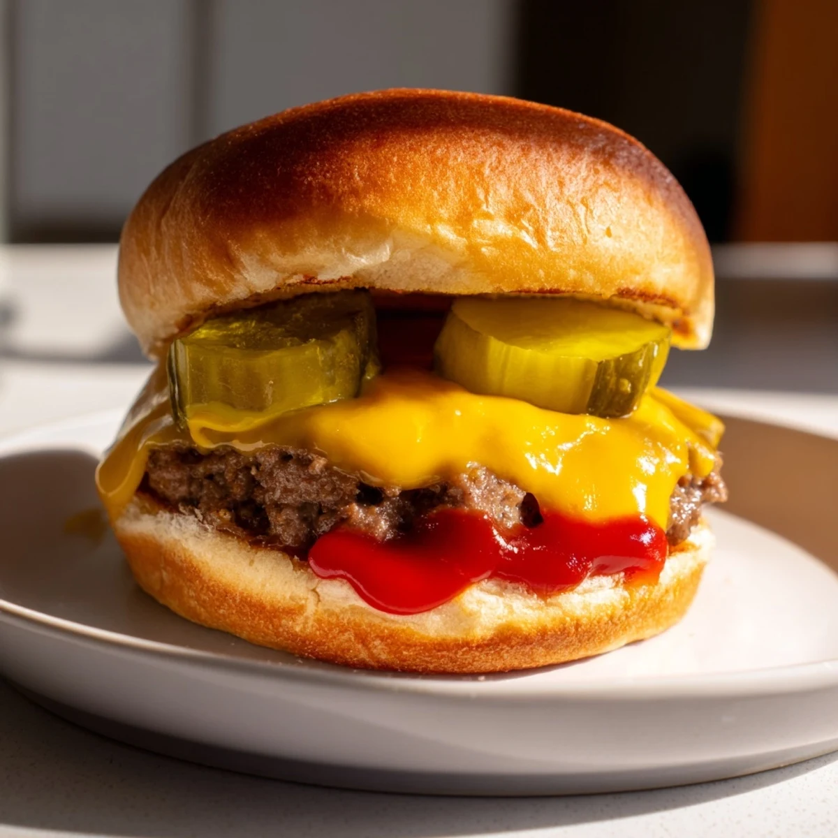 A close-up shows juicy mini beef burgers, Beef Sliders with Cheese and Pickles stacked high, perfect for game day parties.