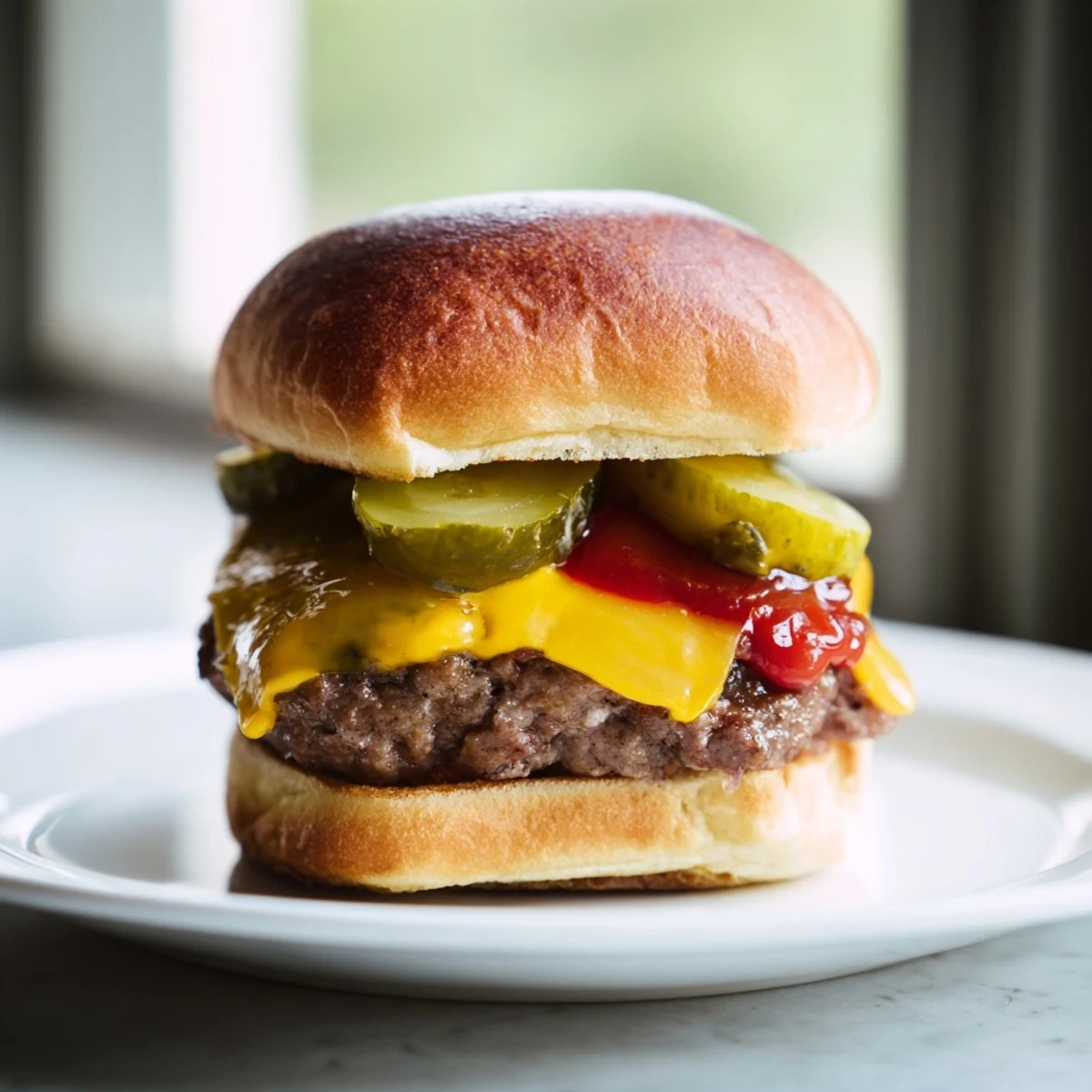 Golden-brown Beef Sliders with Cheese and Pickles sit on a platter, oozing melted cheddar and tangy dill pickles on soft toasted buns.