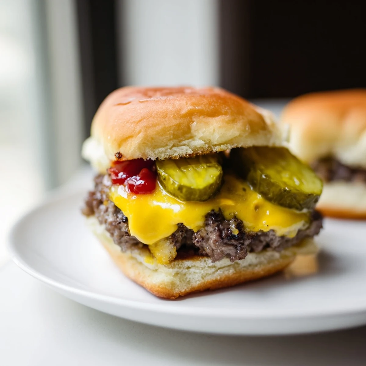 Freshly assembled Beef Sliders with Cheese and Pickles feature melted cheddar, pickles, and buttery toasted buns, ready to serve hot.