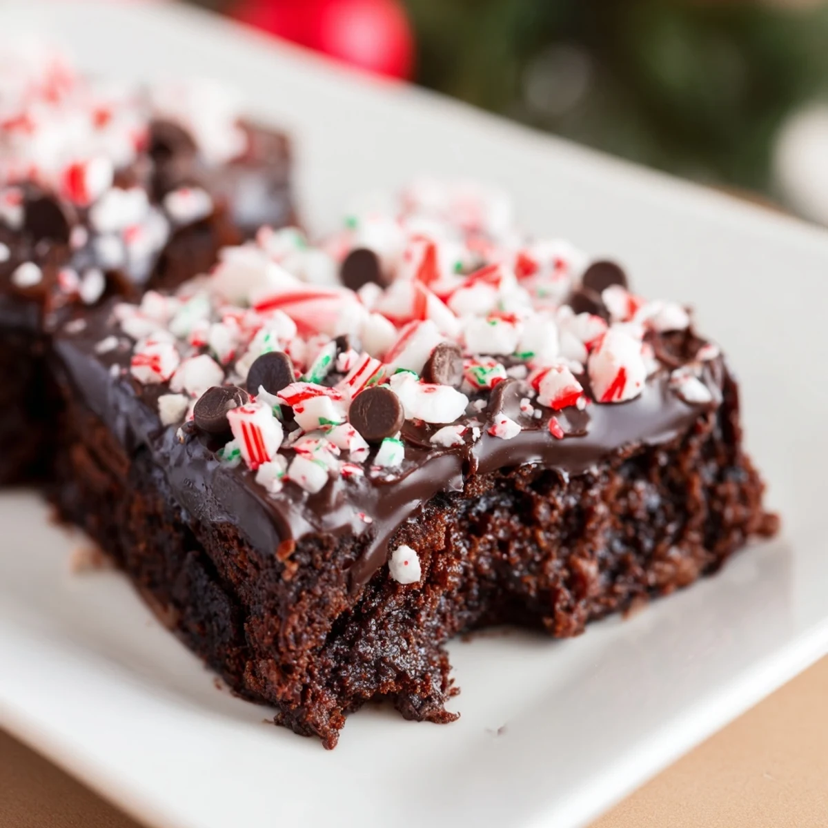 Peppermint Brownie Bites with Ganache are garnished with crushed candy canes, perfect for festive holiday parties and cookie exchanges.