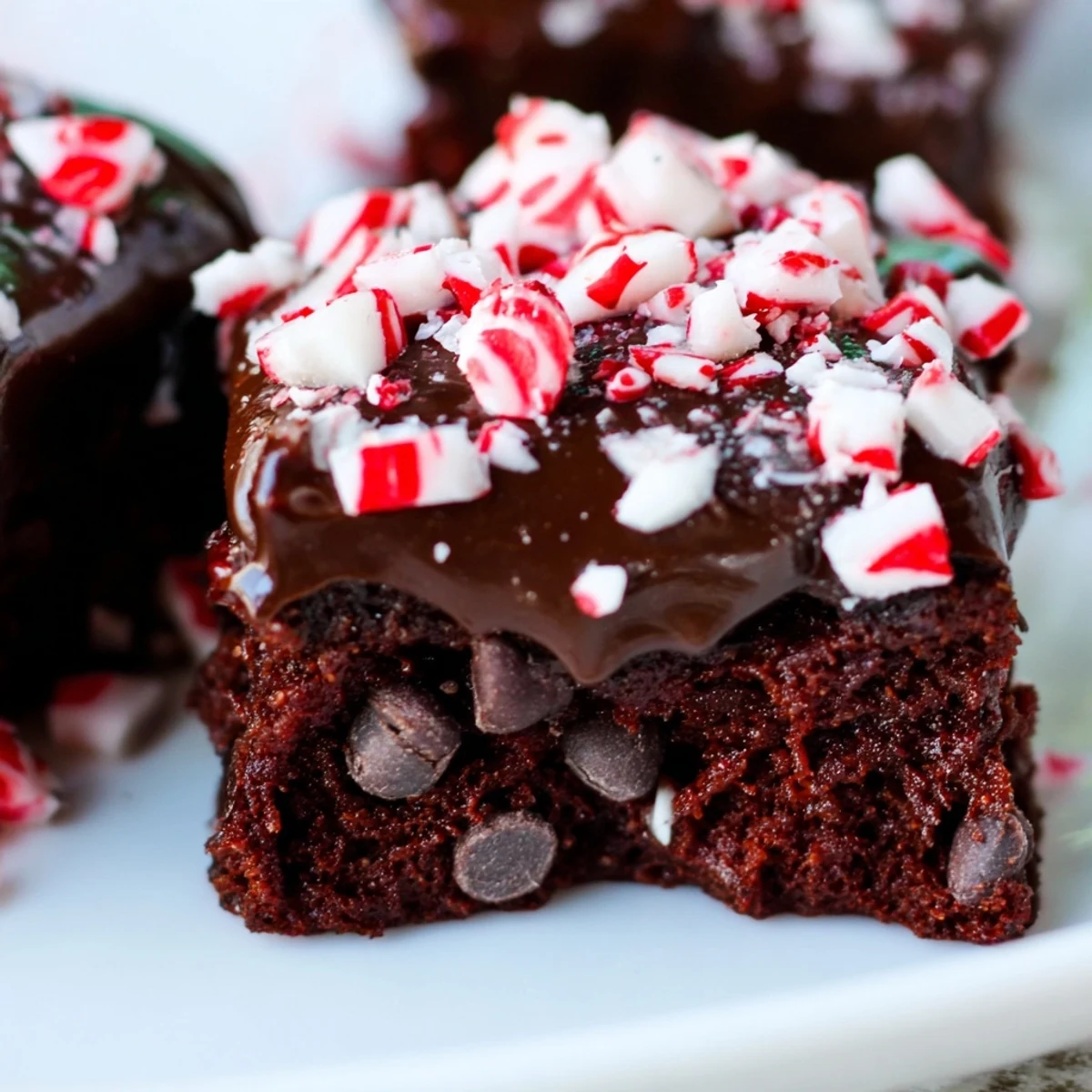 Close-up of Peppermint Brownie Bites with Ganache, topped with silky chocolate coating and festive red peppermint sprinkles.