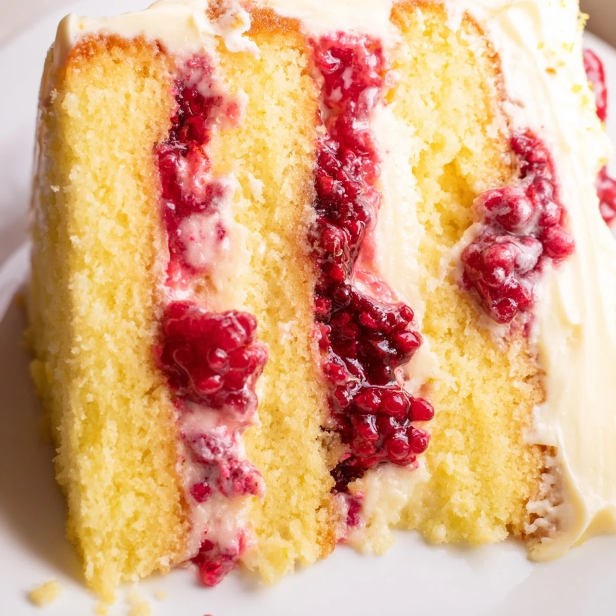 Lemon Raspberry Layer Cake with fluffy lemon sponge, layered with tangy raspberry preserves and creamy lemon frosting.