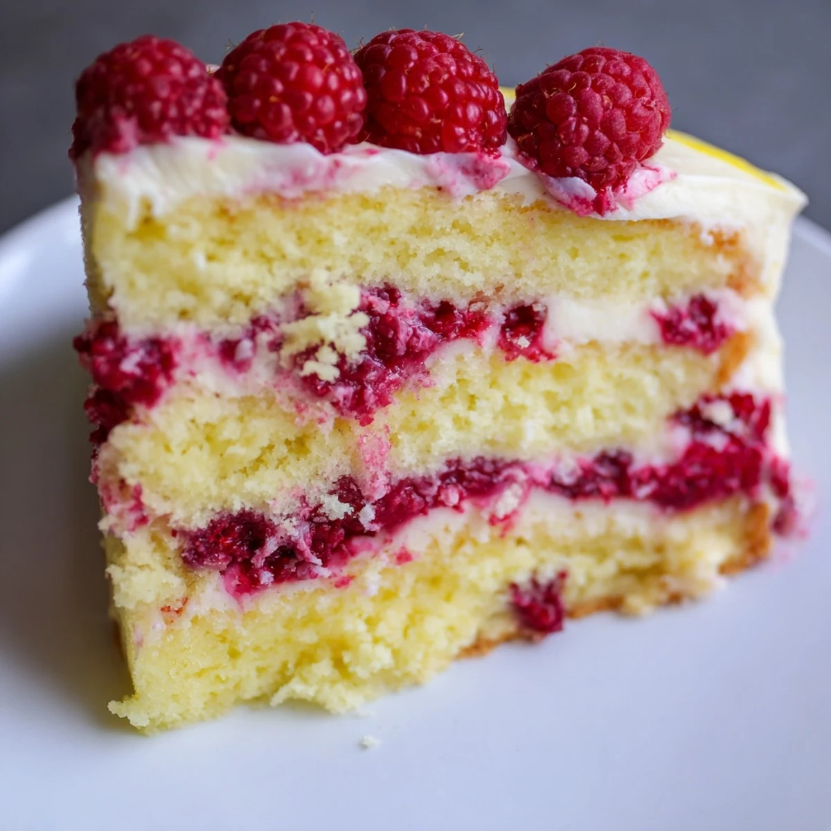 Fresh raspberries and lemon slices garnish a tall Lemon Raspberry Layer Cake, its velvety cream cheese frosting glowing softly.
