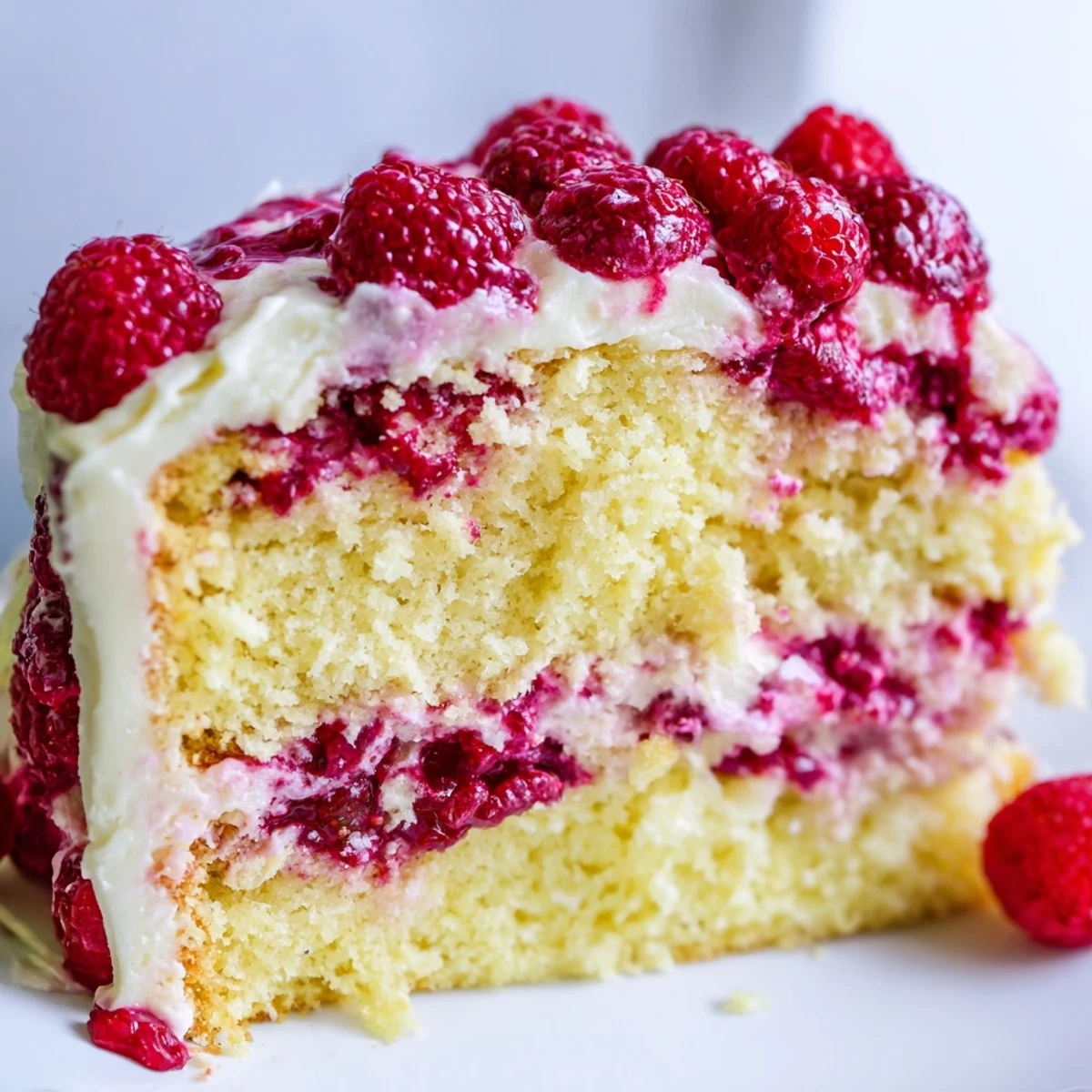 Sliced Lemon Raspberry Layer Cake reveals moist layers and bright raspberry filling, ready to serve at a festive gathering.