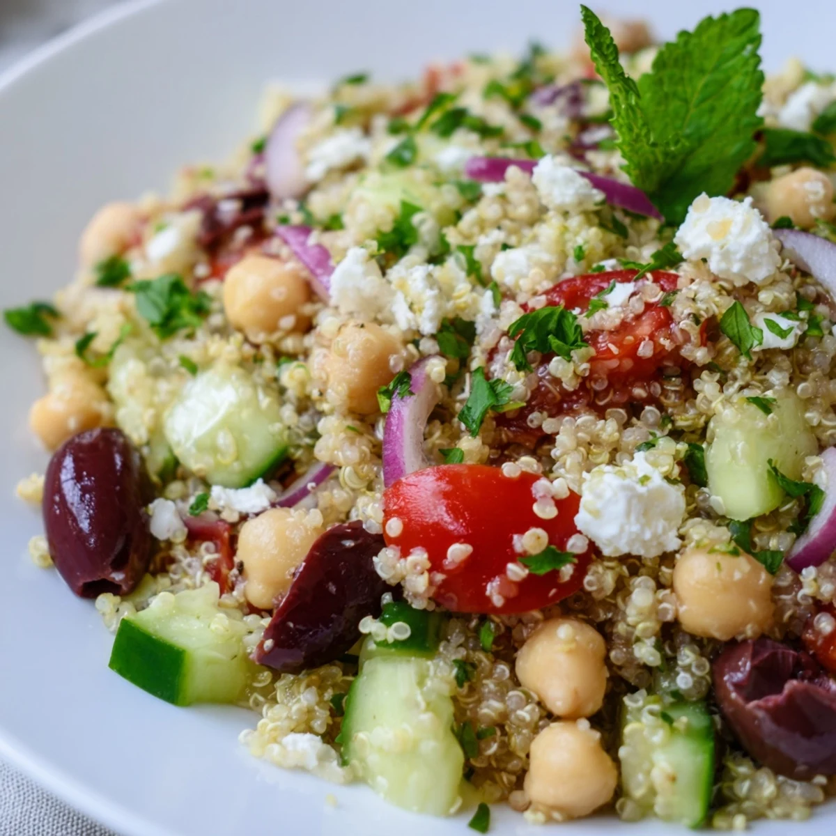 This Mediterranean Quinoa Salad with chickpeas is tossed with a bright lemon-herb dressing for a refreshing side dish.