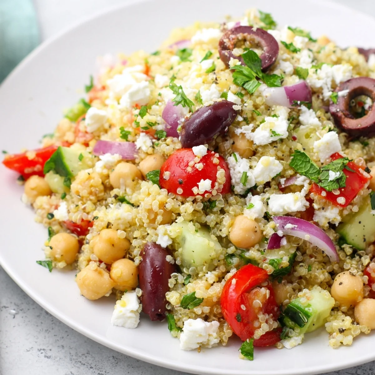 A close-up of Mediterranean Quinoa Salad with chickpeas, showcasing cherry tomatoes and feta in a white bowl.