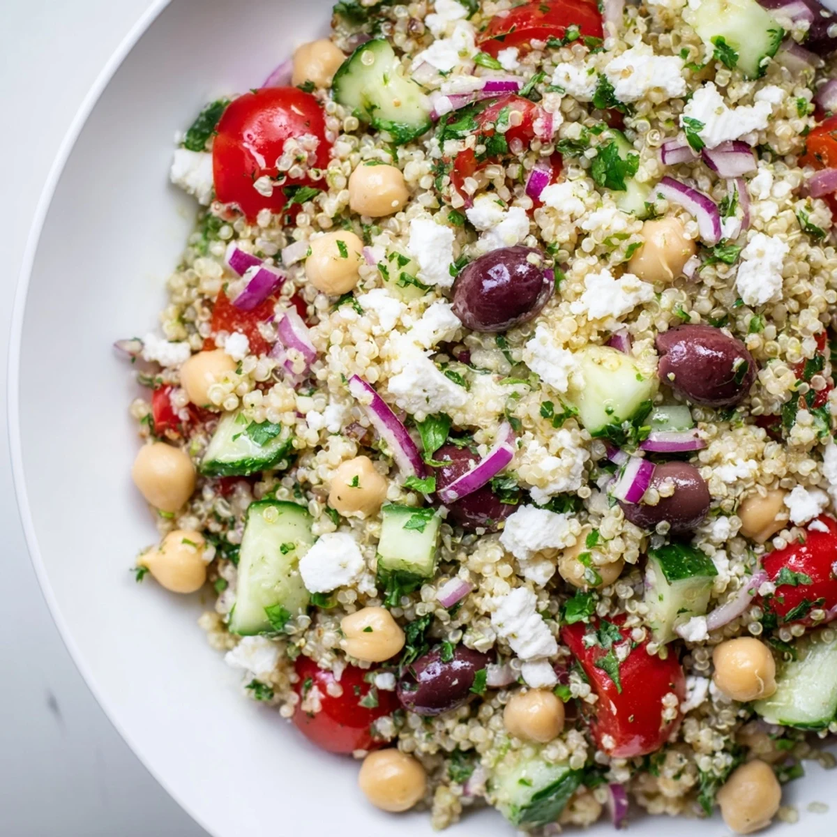 Bright, protein-packed Mediterranean Quinoa Salad with chickpeas is served chilled, garnished with fresh parsley and Kalamata olives.