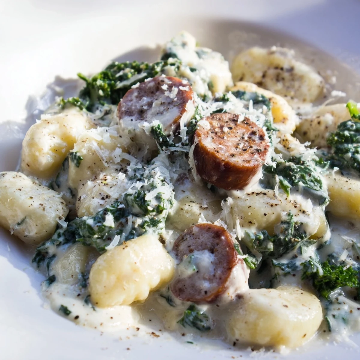 Close-up of Creamy Gnocchi with Sausage and Kale, highlighting golden sausage bits and wilted green kale in sauce.