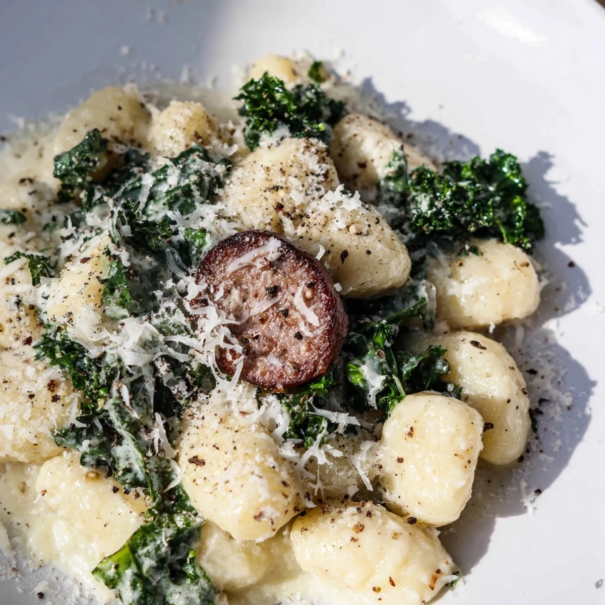 A steaming bowl of Creamy Gnocchi with Sausage and Kale, ready to serve with crusty bread for dinner.