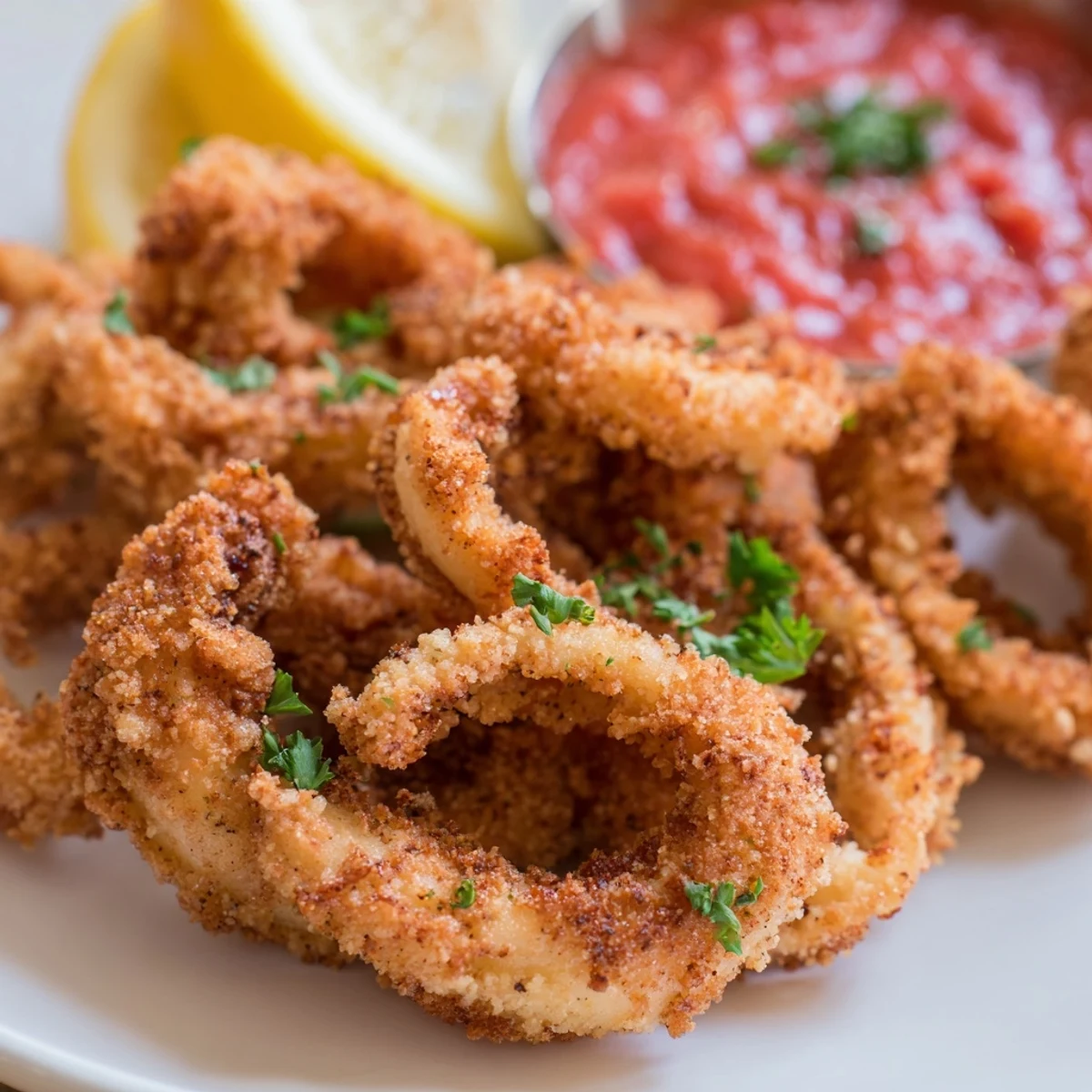 Freshly fried Calamari with Marinara Sauce displayed as an Italian appetizer with vibrant red dipping sauce.
