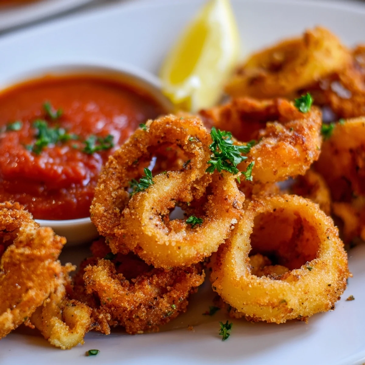 Golden, crispy Calamari with Marinara Sauce served hot on a platter with fresh lemon wedges and parsley garnish.