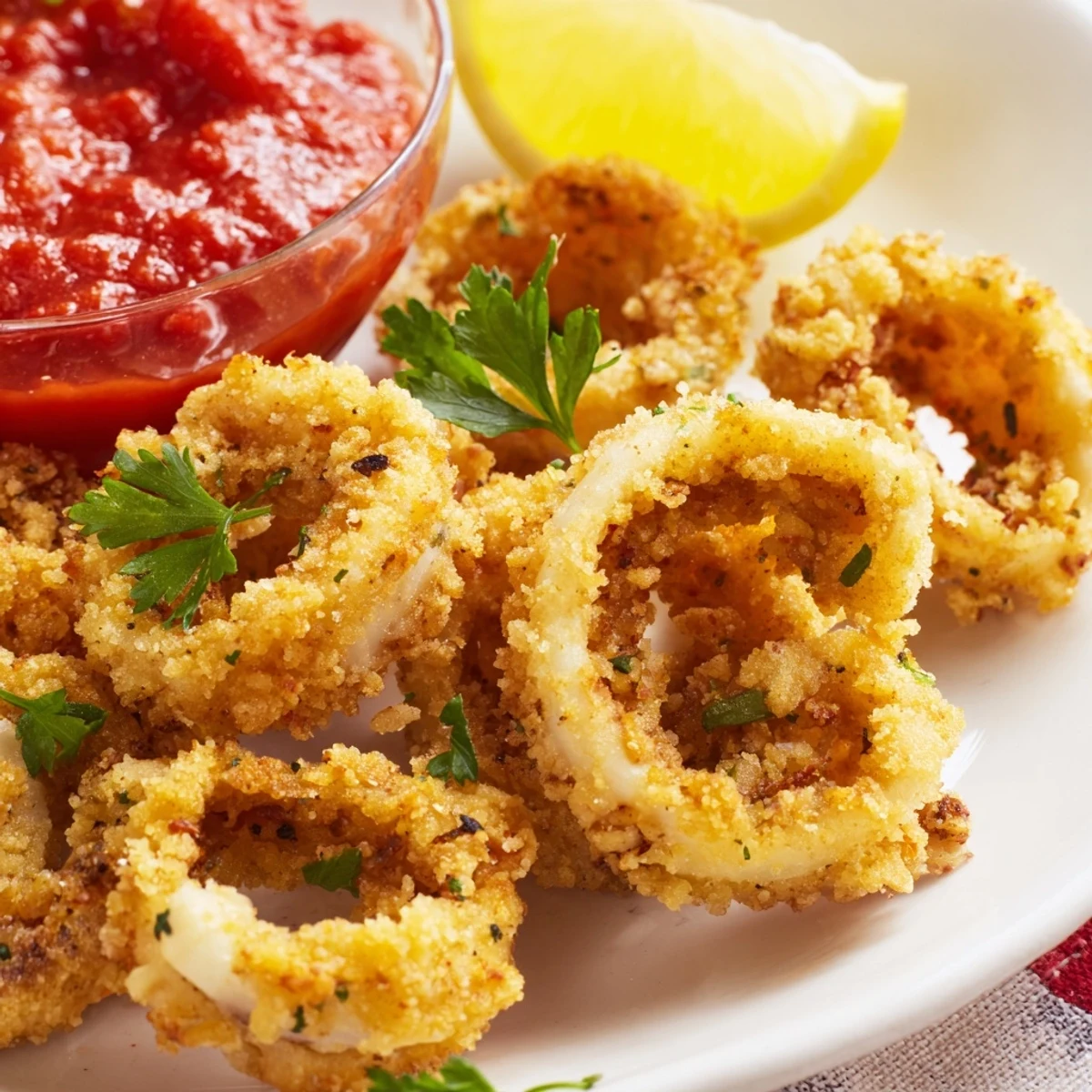 Close-up of golden Calamari with Marinara Sauce, crispy rings and zesty marinara for a party snack platter.