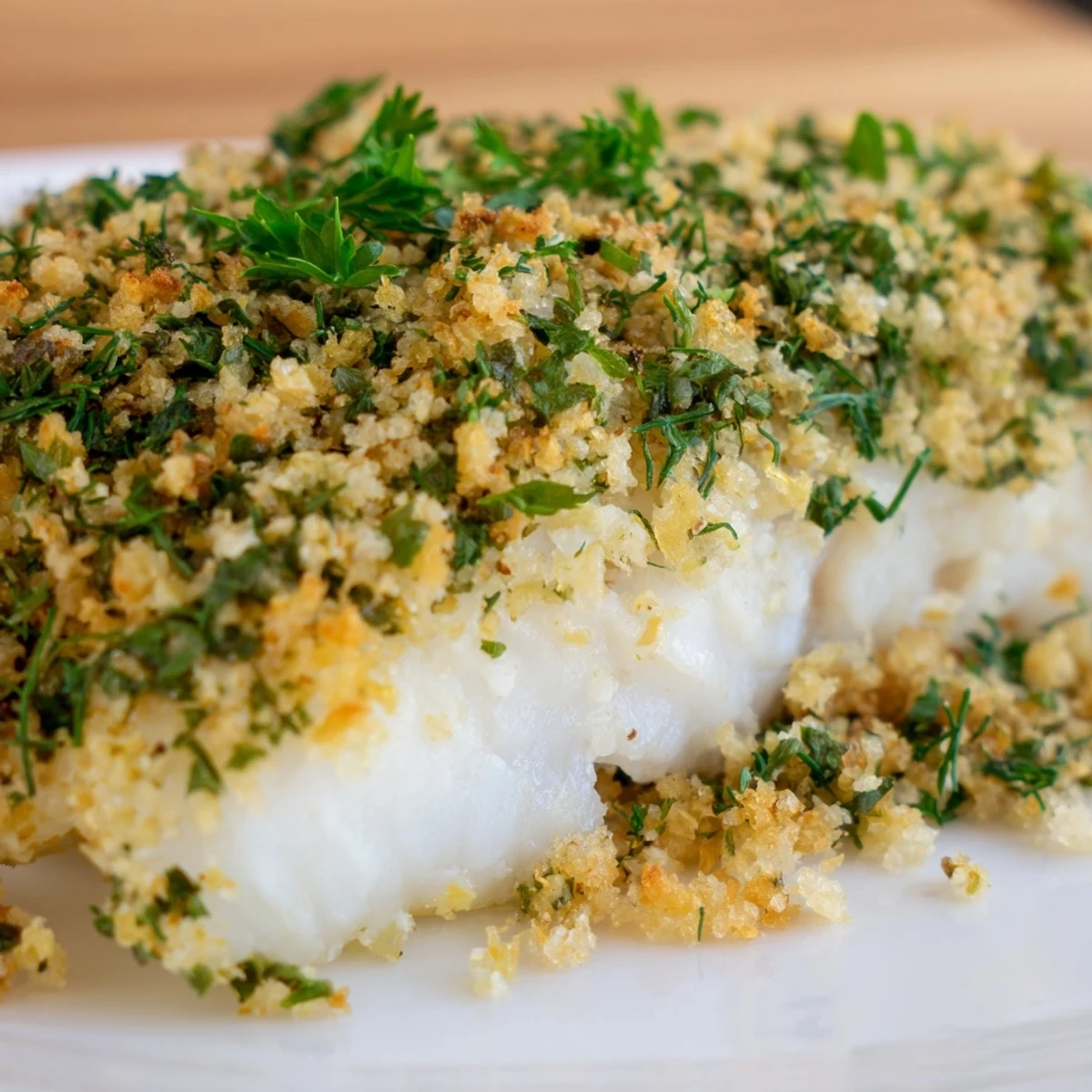 Flaky white fish fillets with a savory panko and dill topping are baked to perfection for an easy dinner.