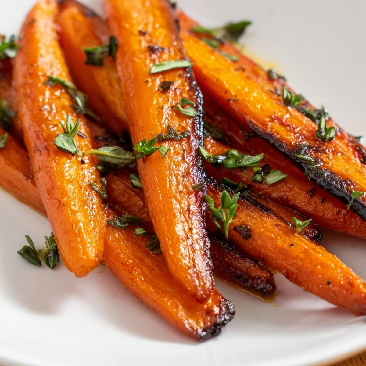 Golden roasted carrots with honey and thyme glistening on a rustic serving platter, garnished with fresh parsley.
