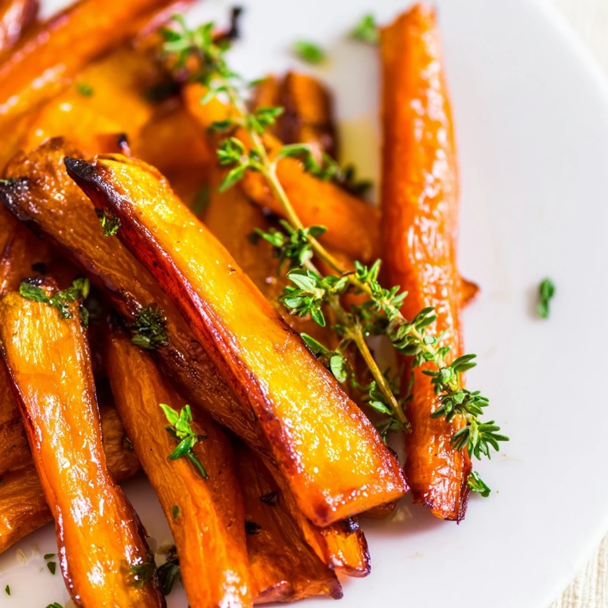 Tender roasted carrots with honey and thyme alongside roasted chicken on a wooden table, ready to serve.