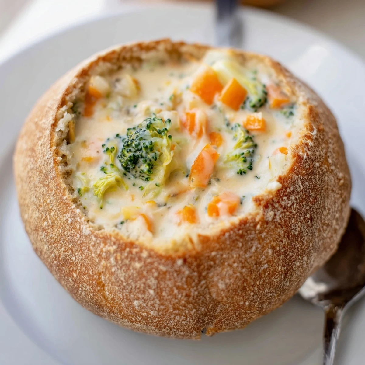 Warm, velvety broccoli cheddar soup ladled into a crusty bread bowl, steaming on a rustic wooden table for cozy comfort.
