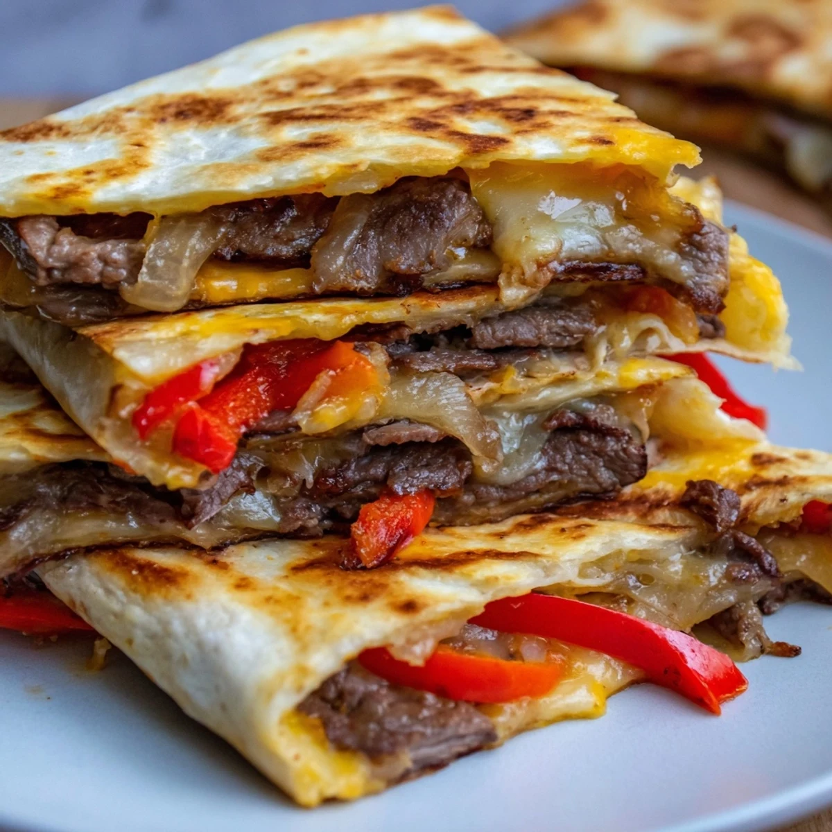 A close-up of sliced Beef Quesadillas, featuring a gooey cheese pull, served alongside fresh salsa and creamy guacamole.