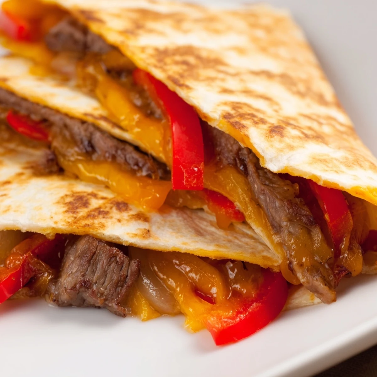 Beef Quesadillas with salsa and guacamole, plated as a Tex-Mex family dinner with a side of lime wedges.