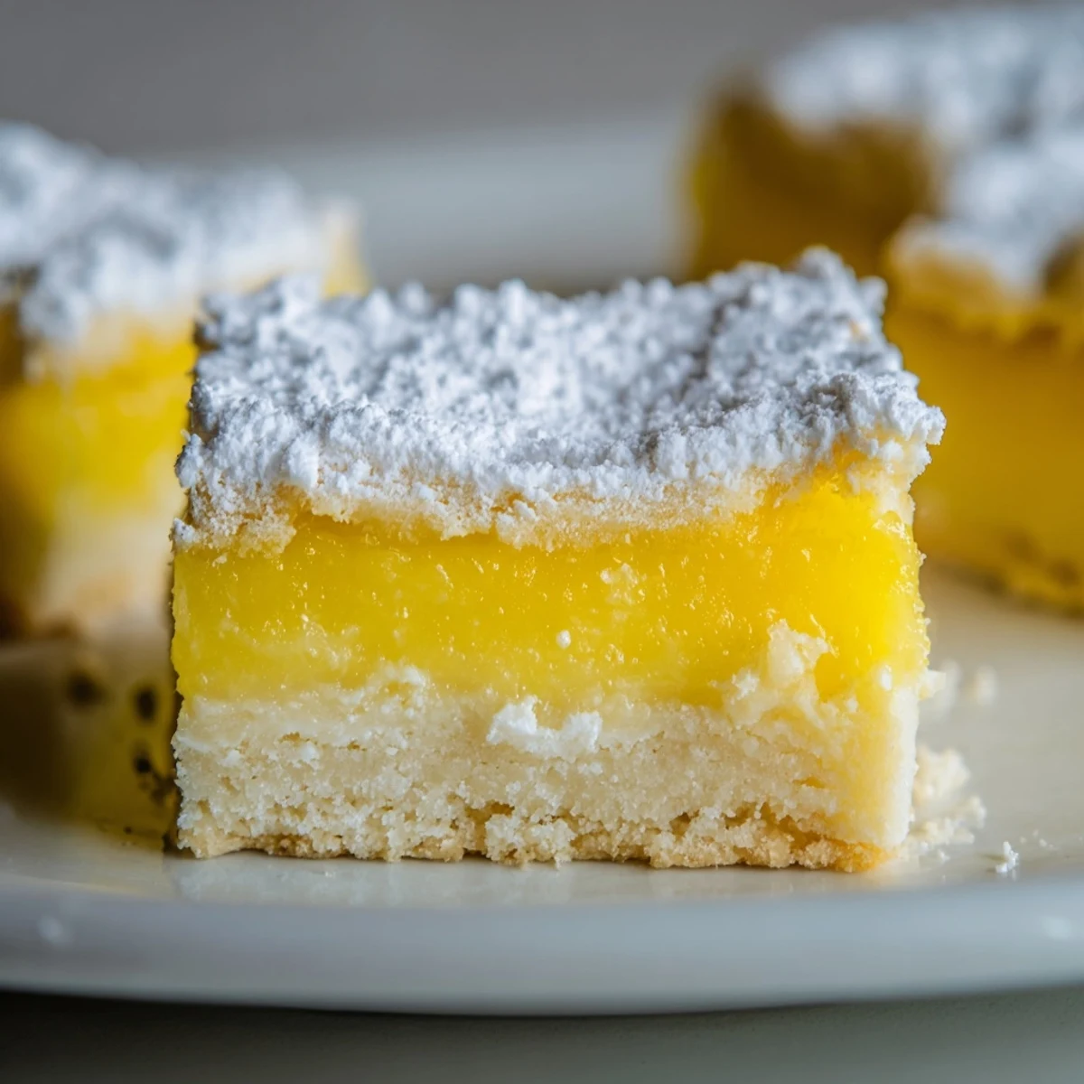 Golden Lemon Dessert Bars with a buttery crust, dusted with powdered sugar on a wooden board.