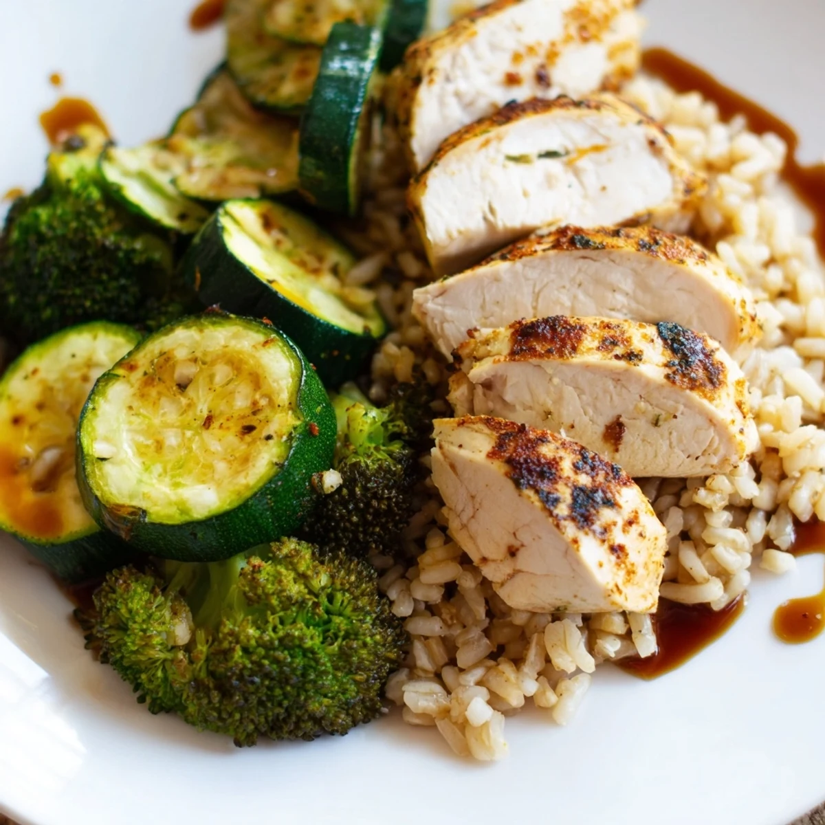 Close-up of tender, golden-baked chicken breast, colorful roasted bell peppers, zucchini, and broccoli alongside fluffy brown rice. Meal prep containers are ready for a healthy weeknight dinner.