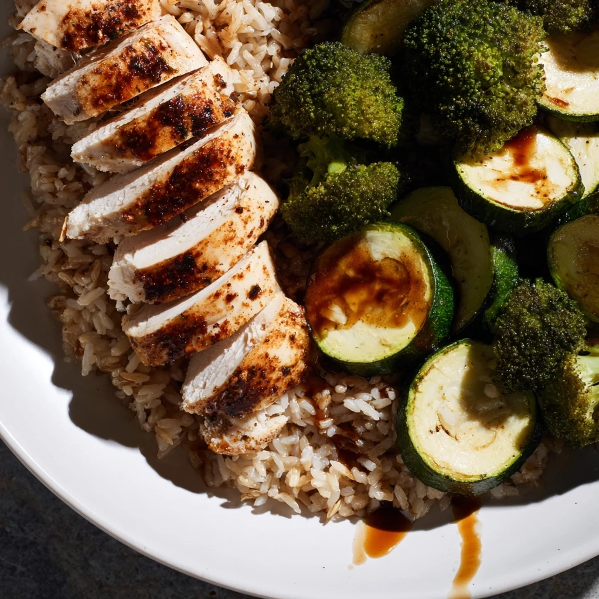 Fork cutting into juicy, seasoned chicken with vibrant roasted vegetables and steaming brown rice in a meal prep container. A delicious high-protein lunch for busy weekdays.
