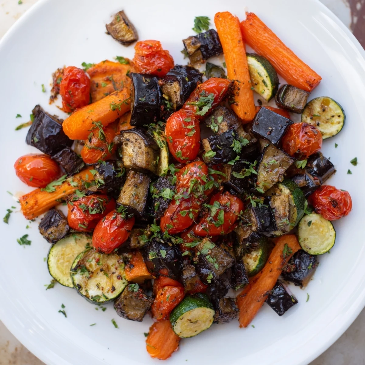 A close-up of the roasted vegetable medley with caramelized edges and fresh parsley garnish, served warm in a rustic baking dish.
