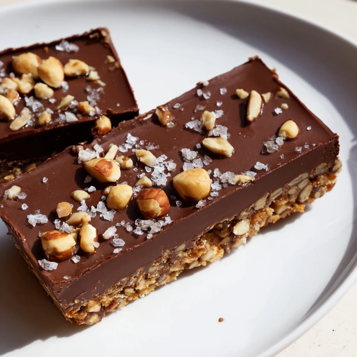 Fudgy Chocolate Treat Bar squares topped with chopped almonds and sea salt on a marble slab.