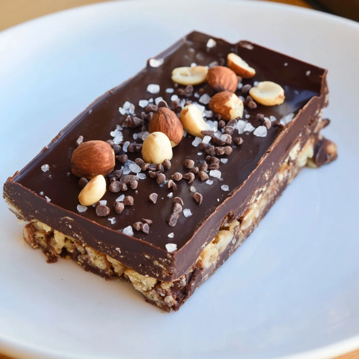 A rich Chocolate Treat Bar piece on a small plate beside a steaming mug of coffee.