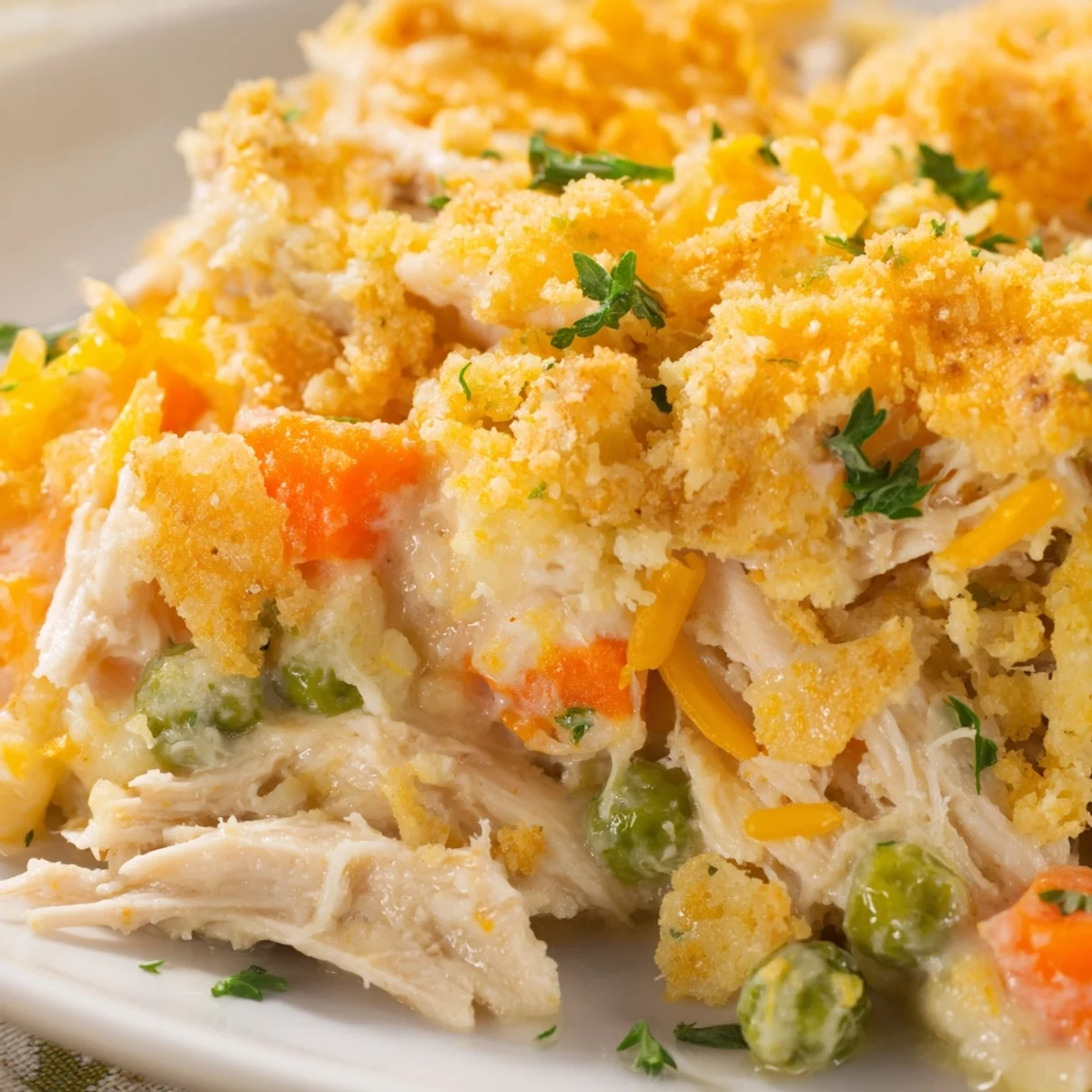 Freshly baked Turkey Dish Casserole revealing layers of tender turkey, peas, and carrots.