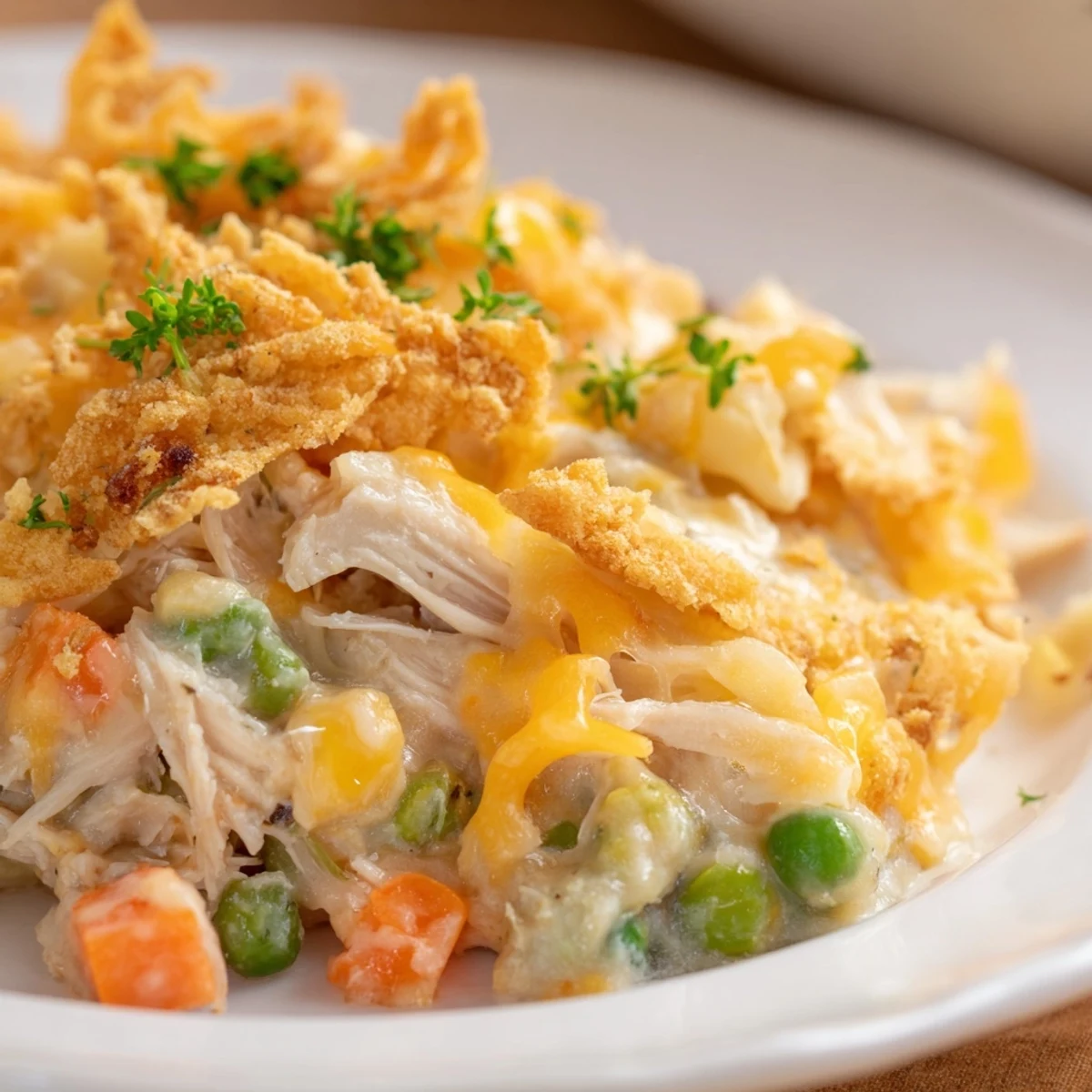 Serving suggestion of creamy Turkey Dish Casserole with a fresh green salad on the side.