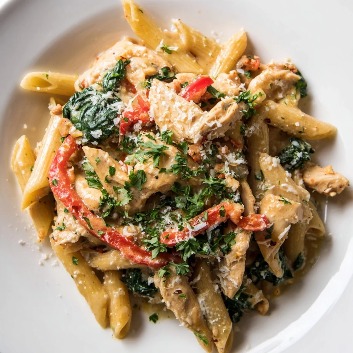 Creamy Meal Pasta served steaming hot with golden chicken strips and al dente penne coated in a silky Parmesan sauce.