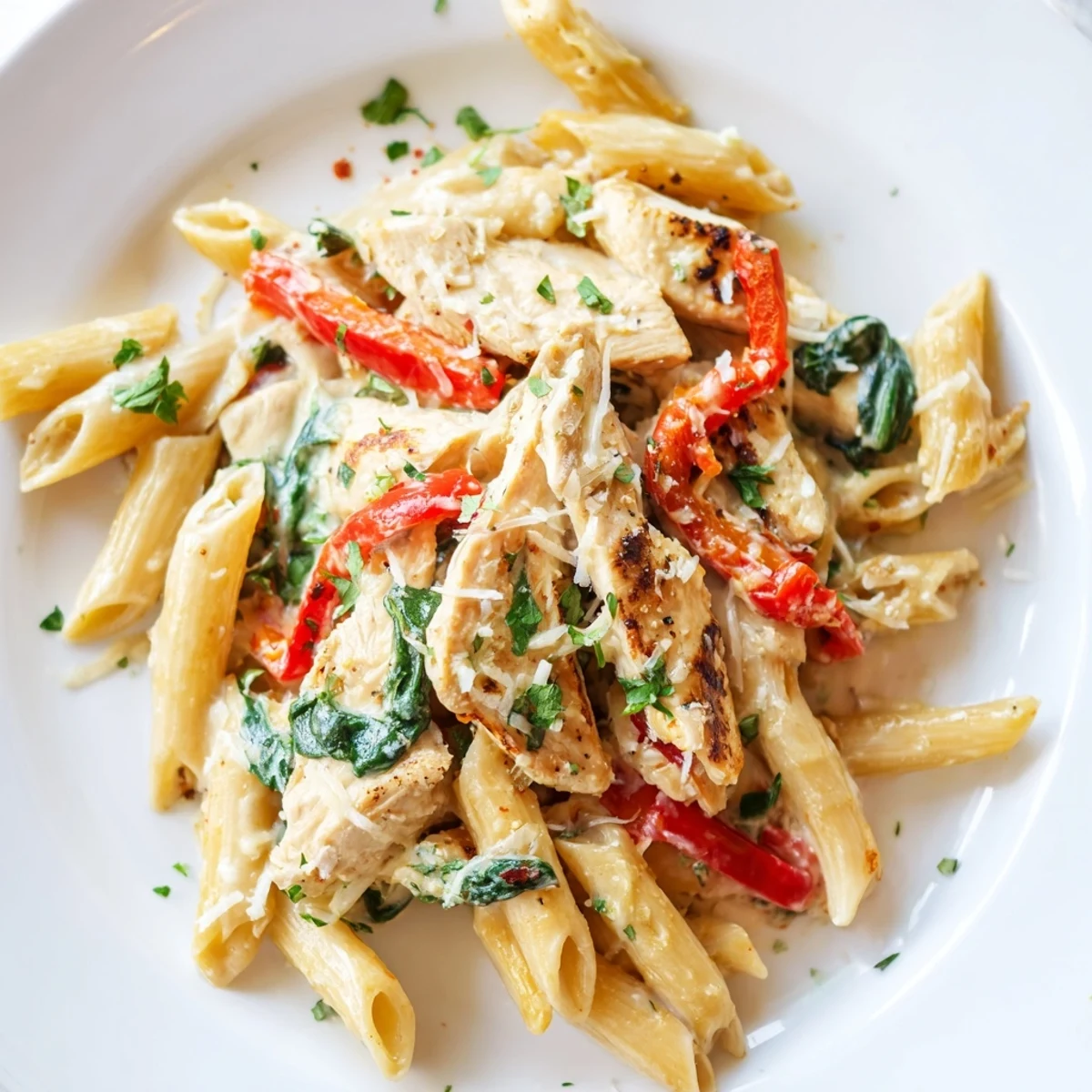A close-up of Creamy Meal Pasta with vibrant red bell pepper and wilted spinach in a rich, velvety cream sauce.