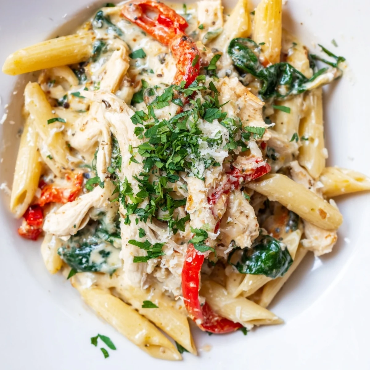Family-style bowl of Creamy Meal Pasta garnished with fresh parsley and Parmesan, ready to serve for dinner.