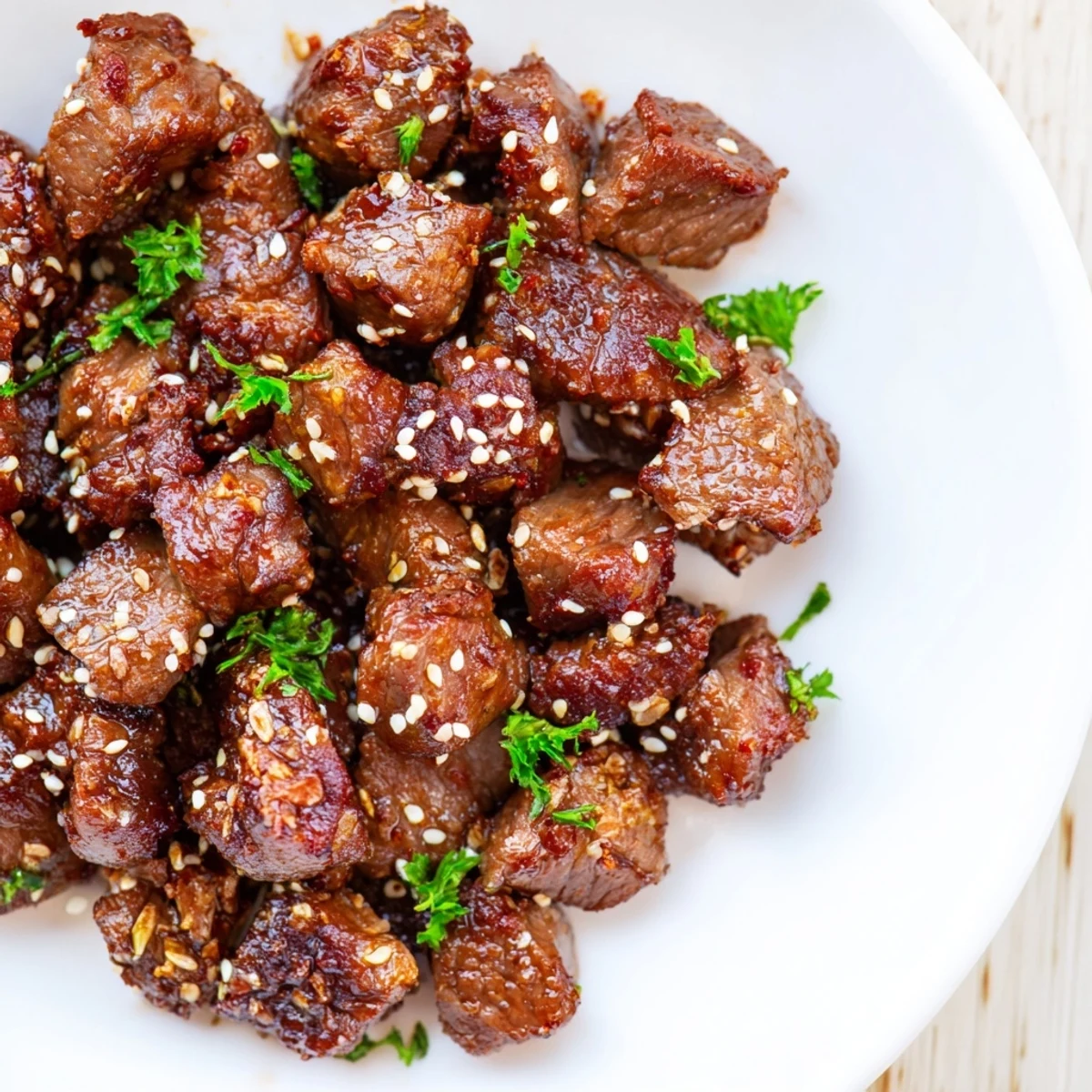 Golden-brown Beef Treat Bites with fresh parsley garnish on a wooden platter, served with toothpicks.