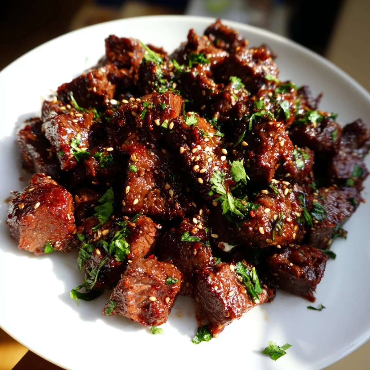 Oven-baked Beef Treat Bites glistening with a savory marinade, ready to serve as a protein-packed appetizer.