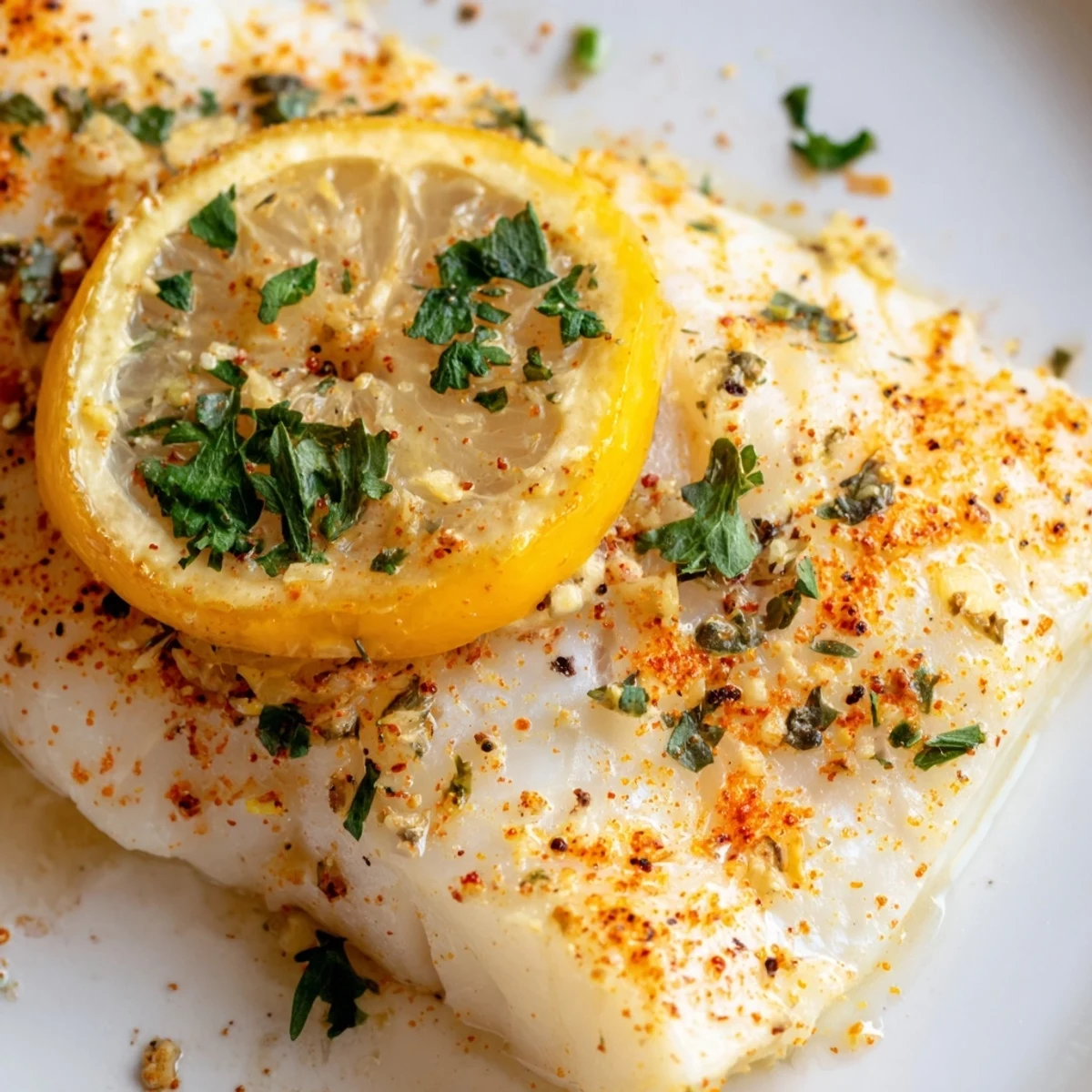 Golden Baked Fish Fillet garnished with fresh parsley and lemon slices on a baking tray.