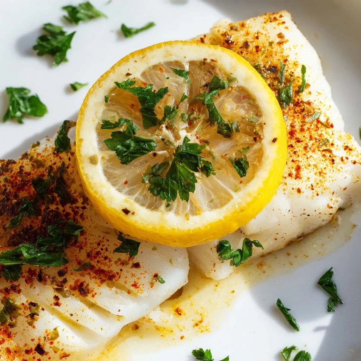 Perfectly baked Baked Fish Fillet flakes easily with a fork, served hot with lemon wedges.