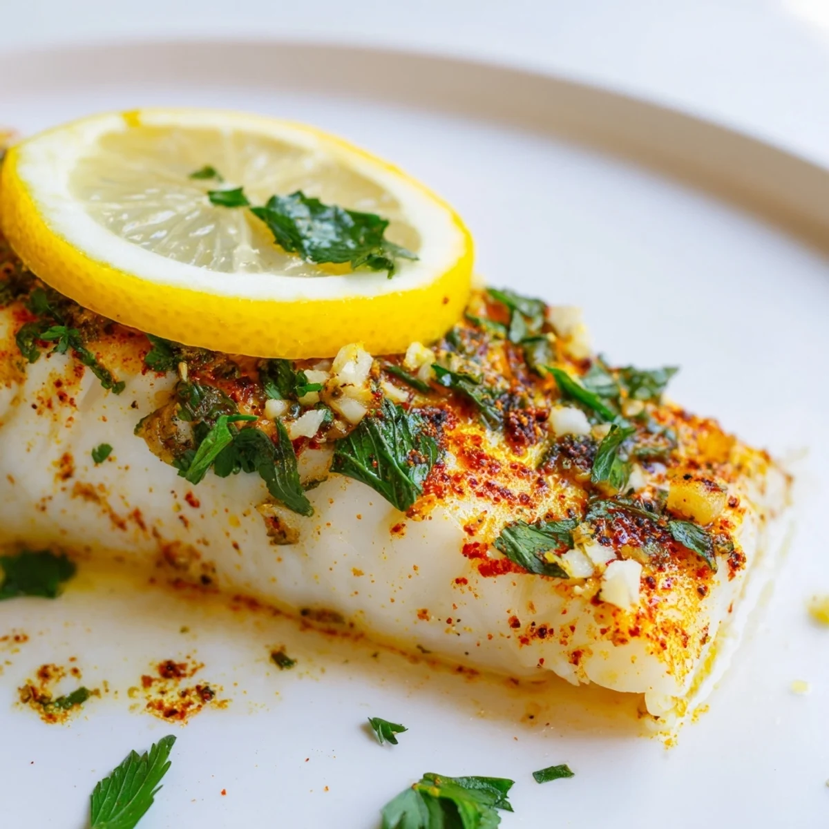 Healthy Baked Fish Fillet baked with garlic and herbs, plated alongside steamed vegetables for dinner.
