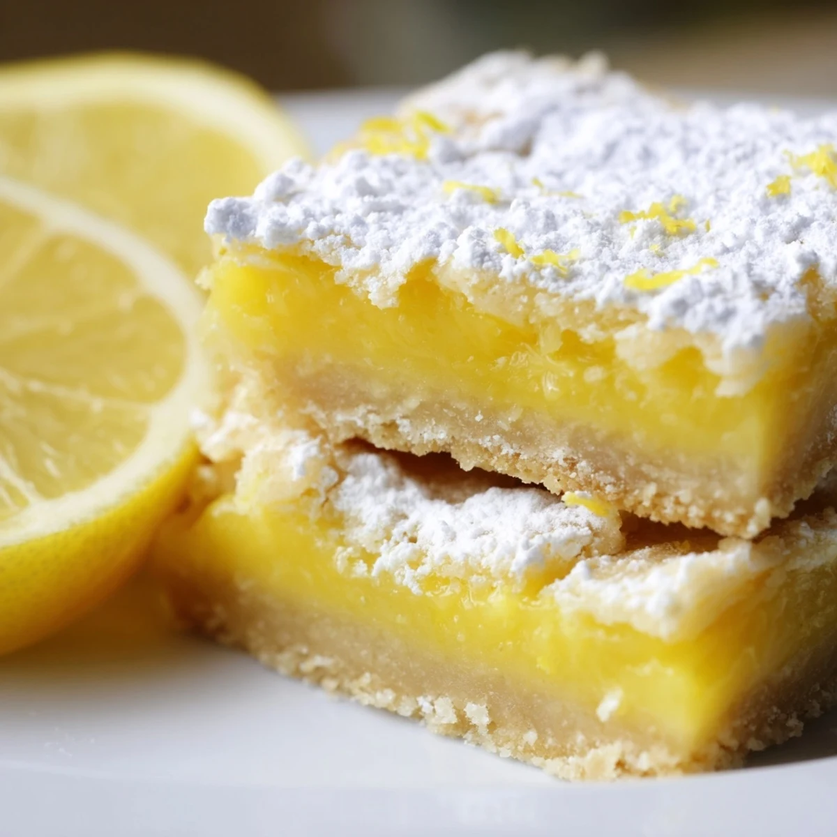 Golden-brown Lemon Treat Bars with a snowy powdered sugar dusting sit on a rustic wooden board.
