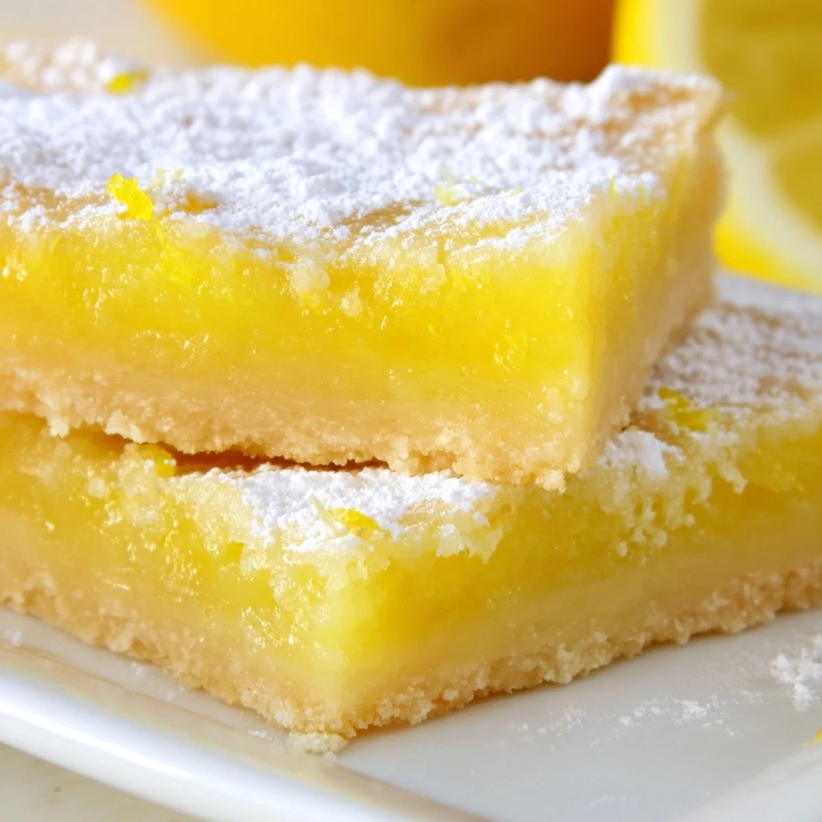 Freshly sliced squares reveal a bright yellow lemon filling atop a buttery shortbread crust.