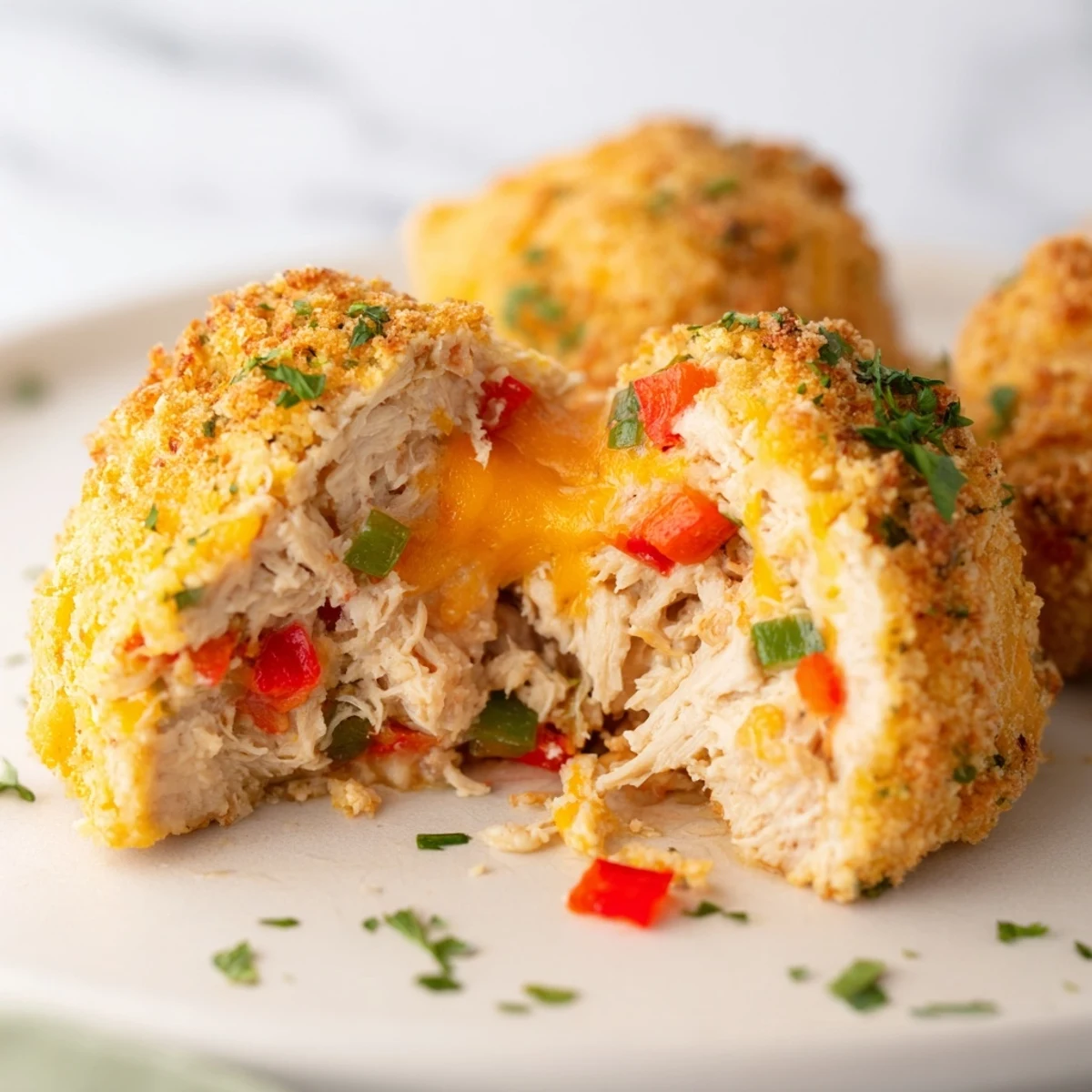 Freshly cooked Chicken Treat Bites arranged on a parchment-lined tray with red bell peppers and green onions visible.