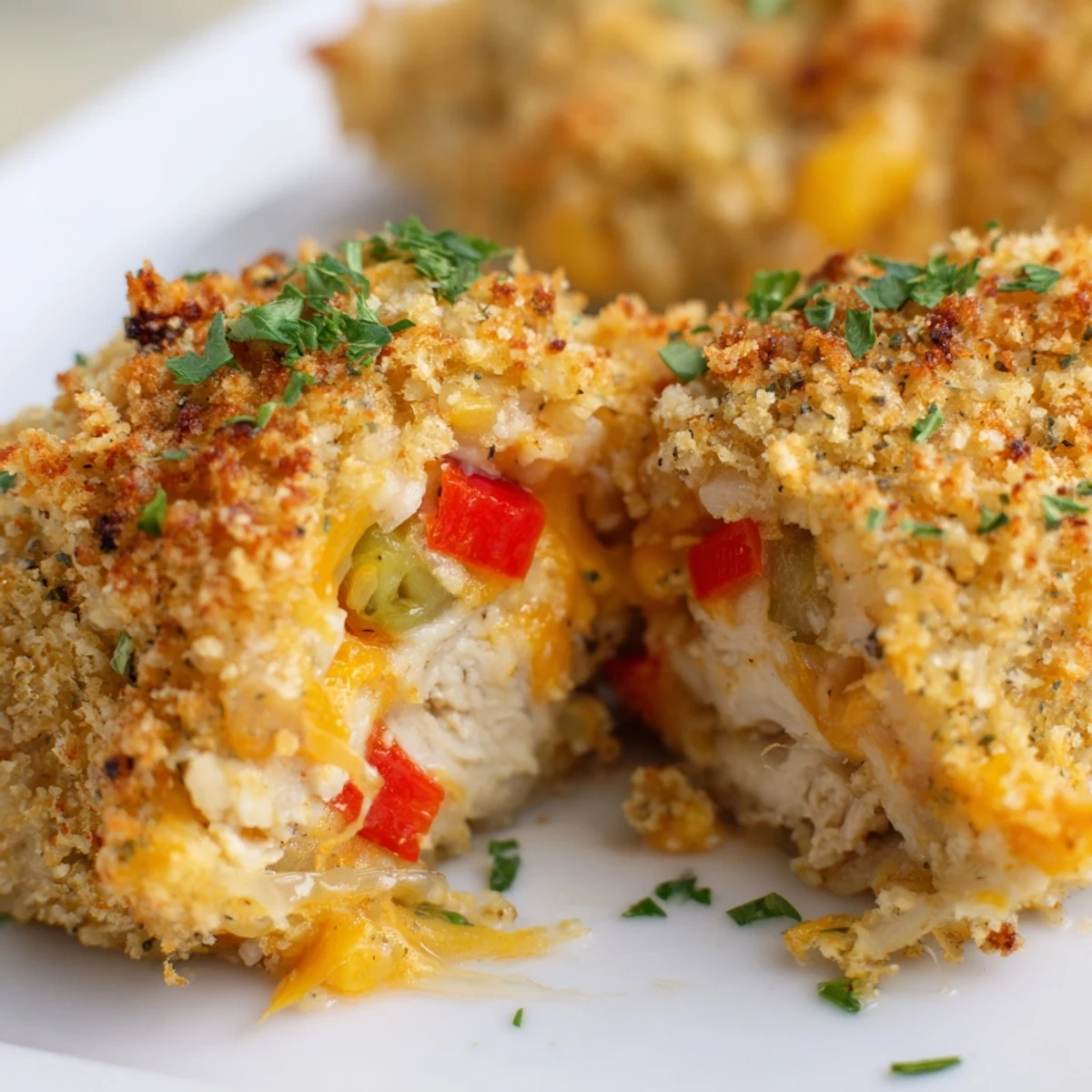 Golden-baked Chicken Treat Bites with melted cheddar and parsley garnish, served with ranch dip on a rustic wooden table.